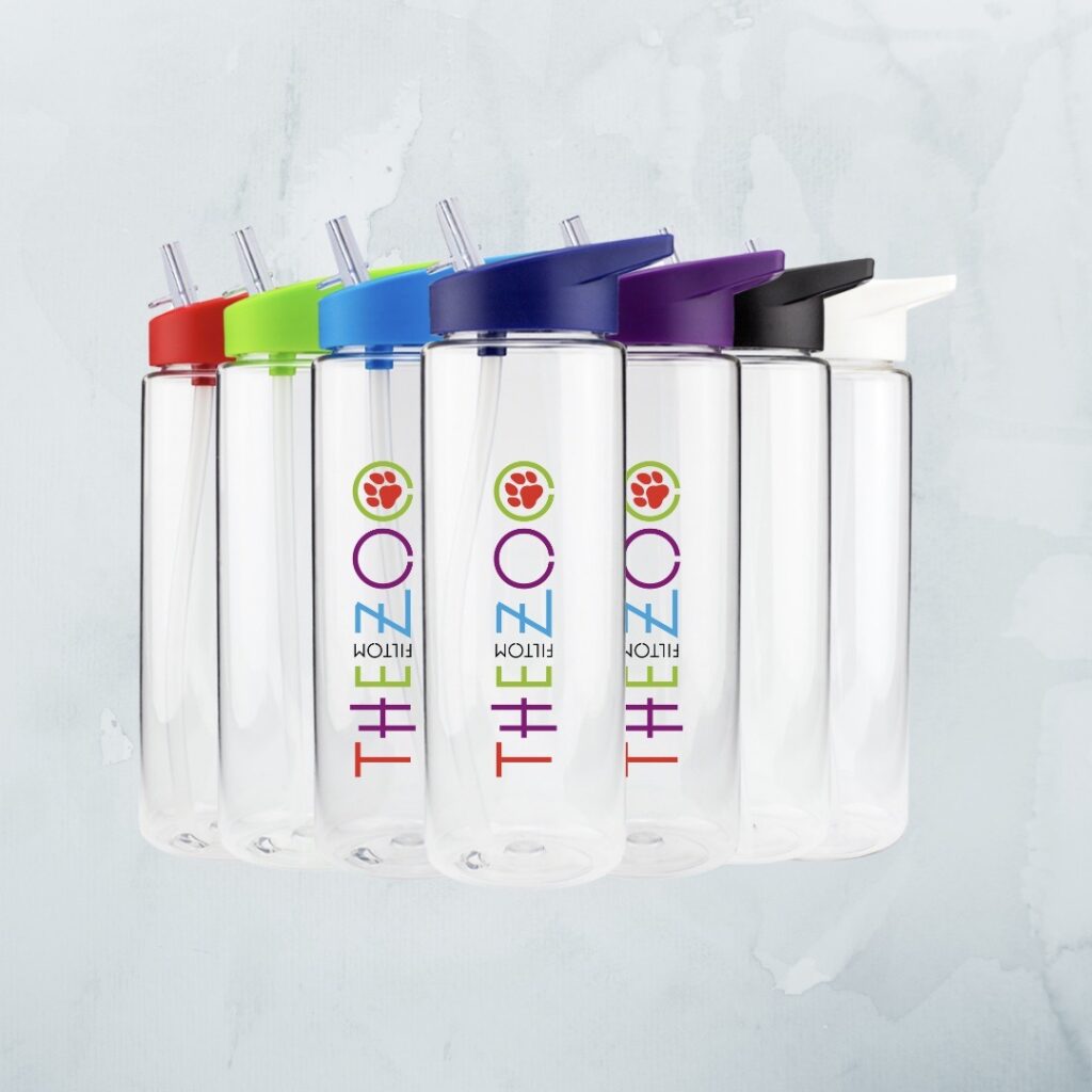 Group of plastic water bottles with straws